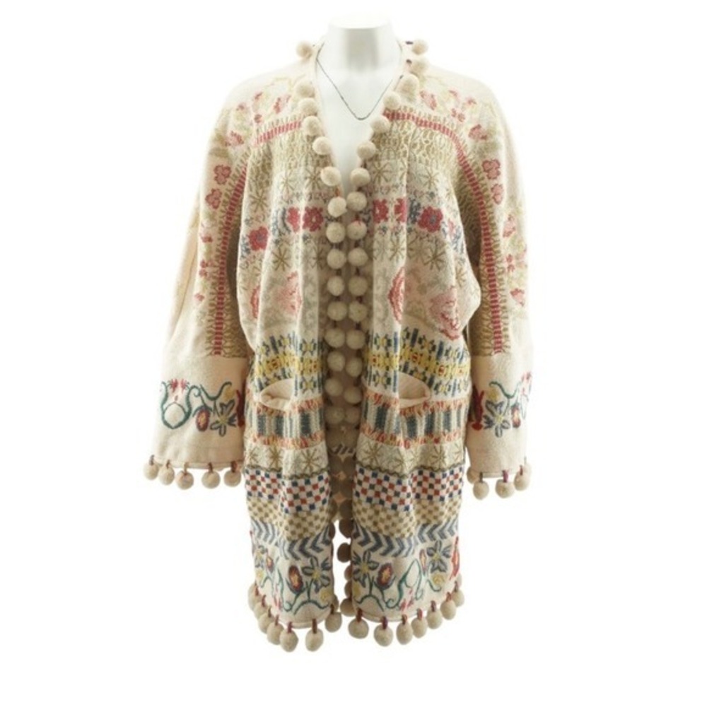 Johnny Was Cassius Kimono Pom Pom Cardigan Multi Color Boho Sweater Small